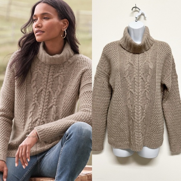 Garnet Hill Womens Tan Recycled Cashmere Cozy Cable Knit Turtleneck Size M - Picture 1 of 7